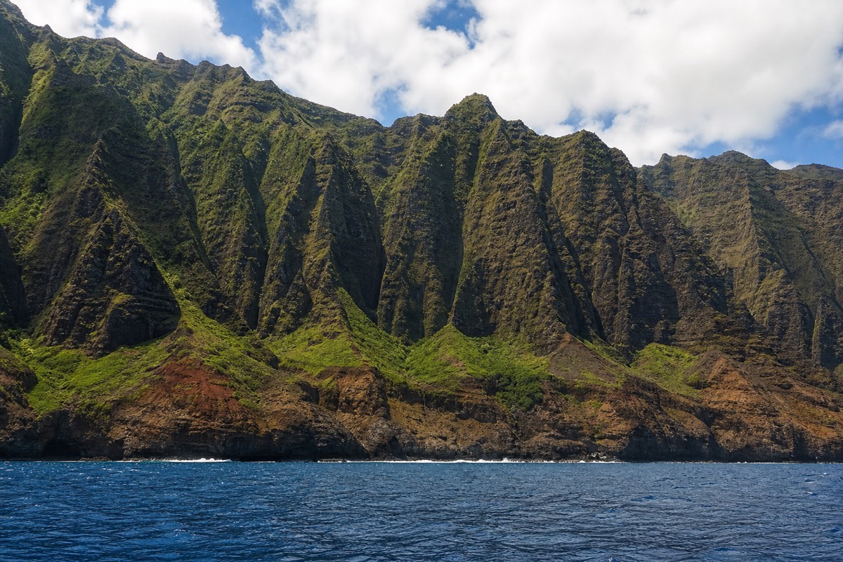 The Nā Pali Coast cliffs from the water